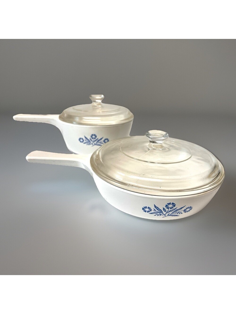 Vtg Corning Ware Blue Cornflower Skillet P-83-B and Pot P-82-B w/ Lids Exc Cond